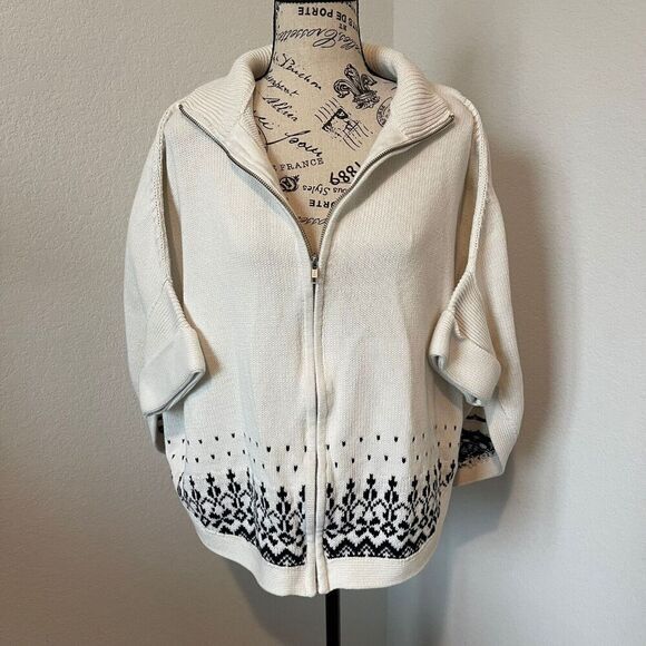 Talbots Poncho Sweater Womens MIvory Full Zip Knit Cotton Geomteric nordic style - Picture 1 of 10